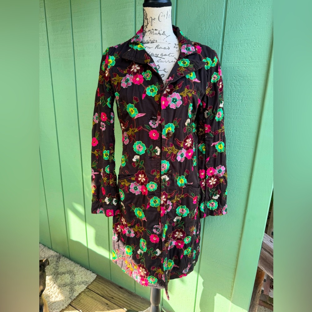 Johnny Was embroidered coat size M in dark brown with brightly colored flowers